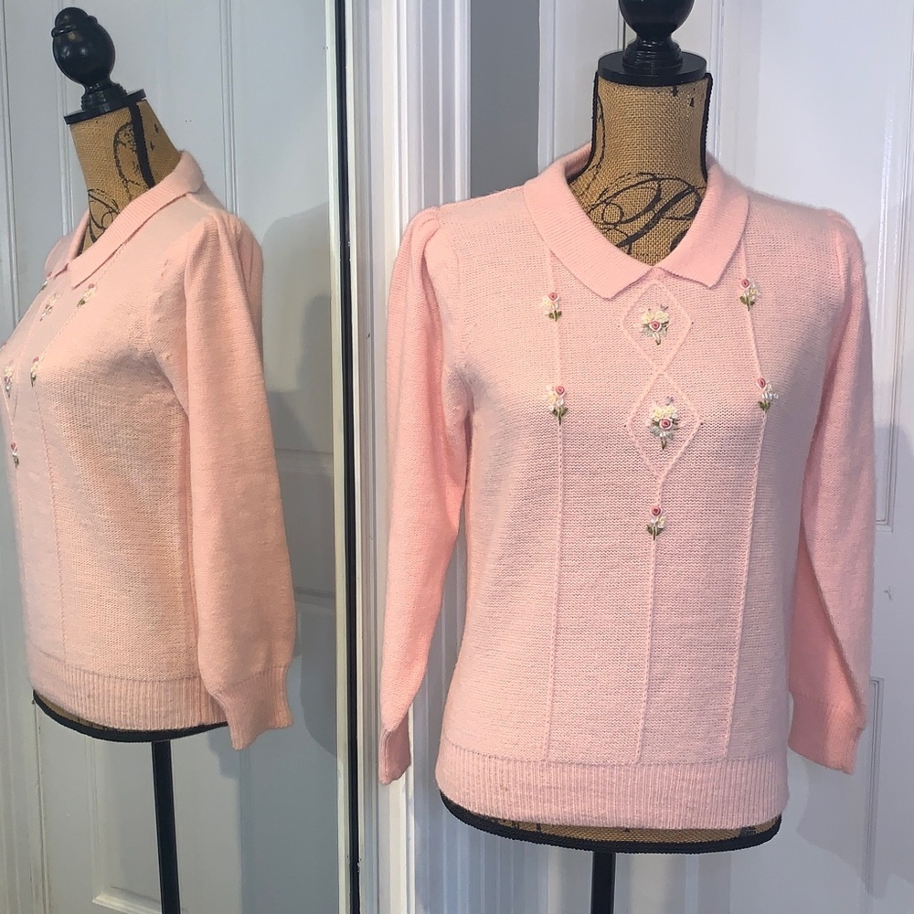 E.Sang Pink Knit Beaded Embroidered Cottagecore Pullover Collar Sweater Floral